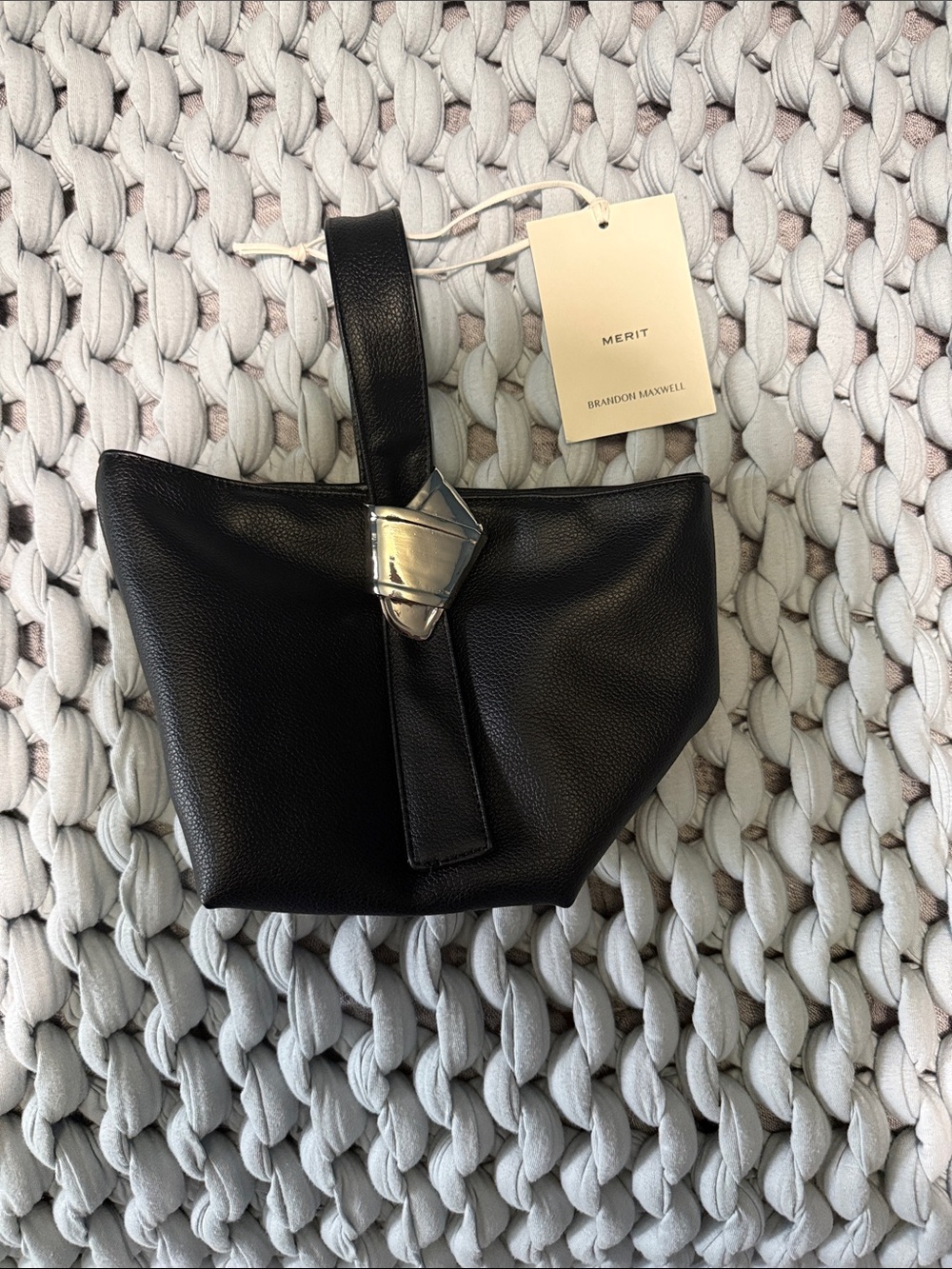 Brandon Maxwell Black Pebbled Leather Wristlet with Silver Accent